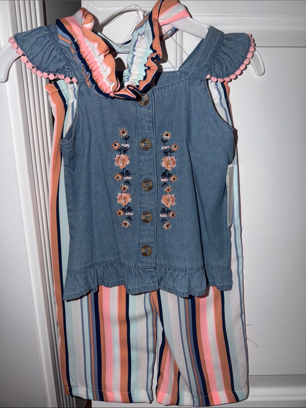 Girls' Denim-Style Embroidered Romper with Striped Shorts in Blue and Pink